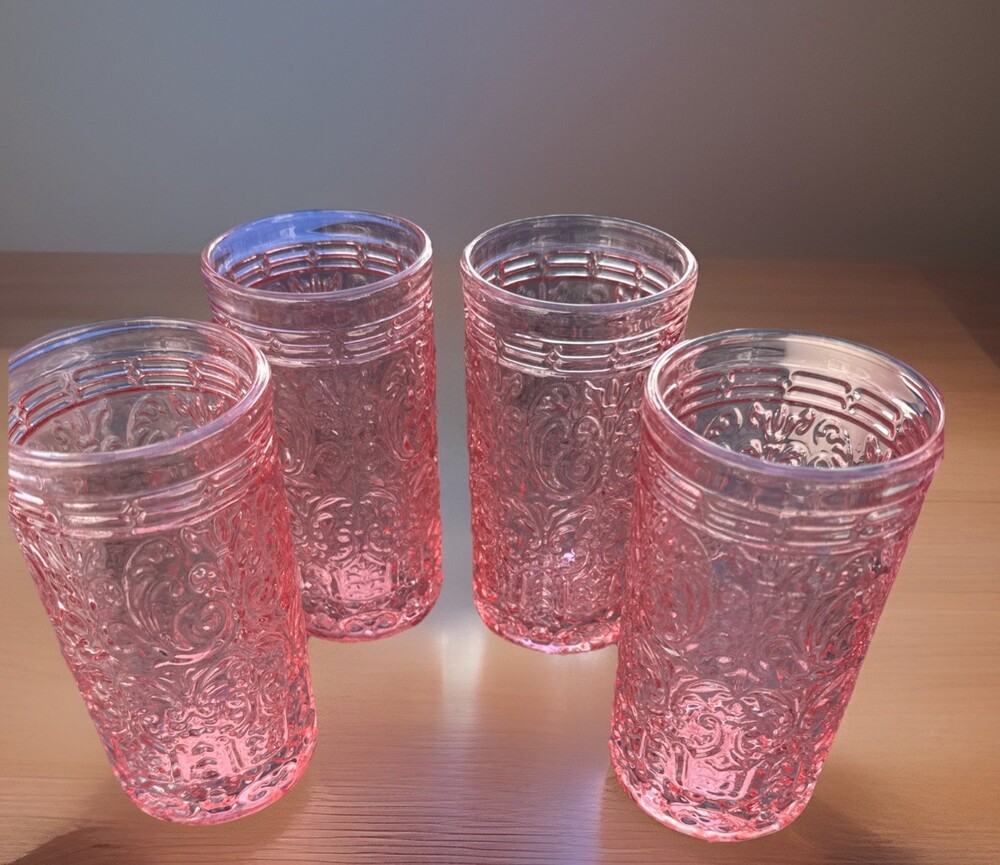 JAX Shannon By Godinger Crystal Set 4 Highball Glasses Pink 14oz Embossed Detail